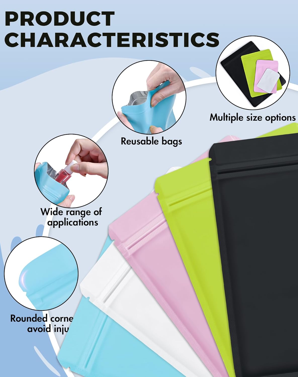 100 Pack Resealable Packaging Bags for Small Business Double-Sided Color Smell Proof Bags for Food Storage Flat Bags (Blue, 4" x 6")