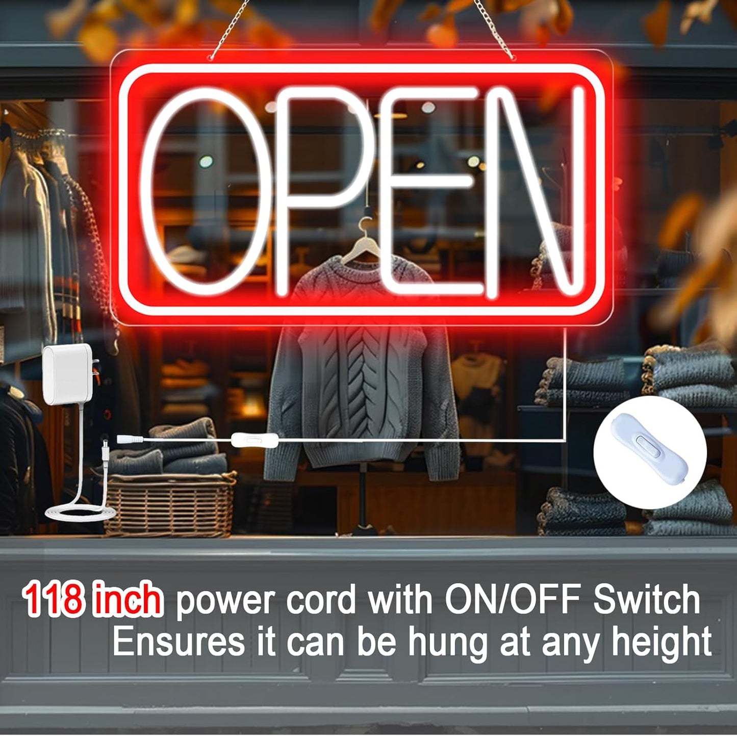 16.5" X 9" Led Neon Open Signs for Business Ultra Bright Plug In Electric Light Up Open Signs with ON/OFF Switch and 12V/2A AC Adapter for Storefront Window Bar Salon Coffee Stores (Red/White)