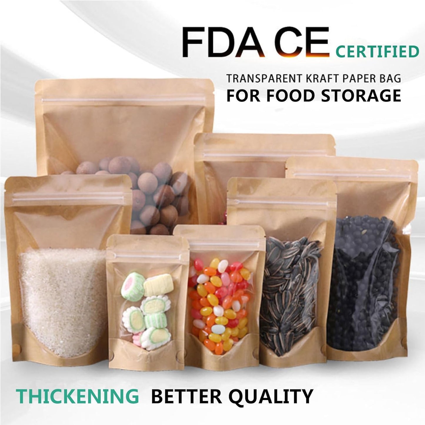 50pcs Kraft Bags With Window Clear Fornt Pouches Resealable Stand Up Zip Lock Food Storage Bags Brown 8"x12"