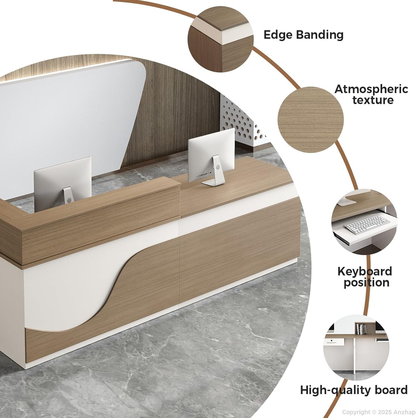 Modern Reception Desk – L Shaped Front Desk Checkout Counter with Drawers, Storage Cabinet and Double-layer tabletop for Office, Salon, Lobby, Cashier (White+Natural/Right, 71"L * 24"W * 39"H)