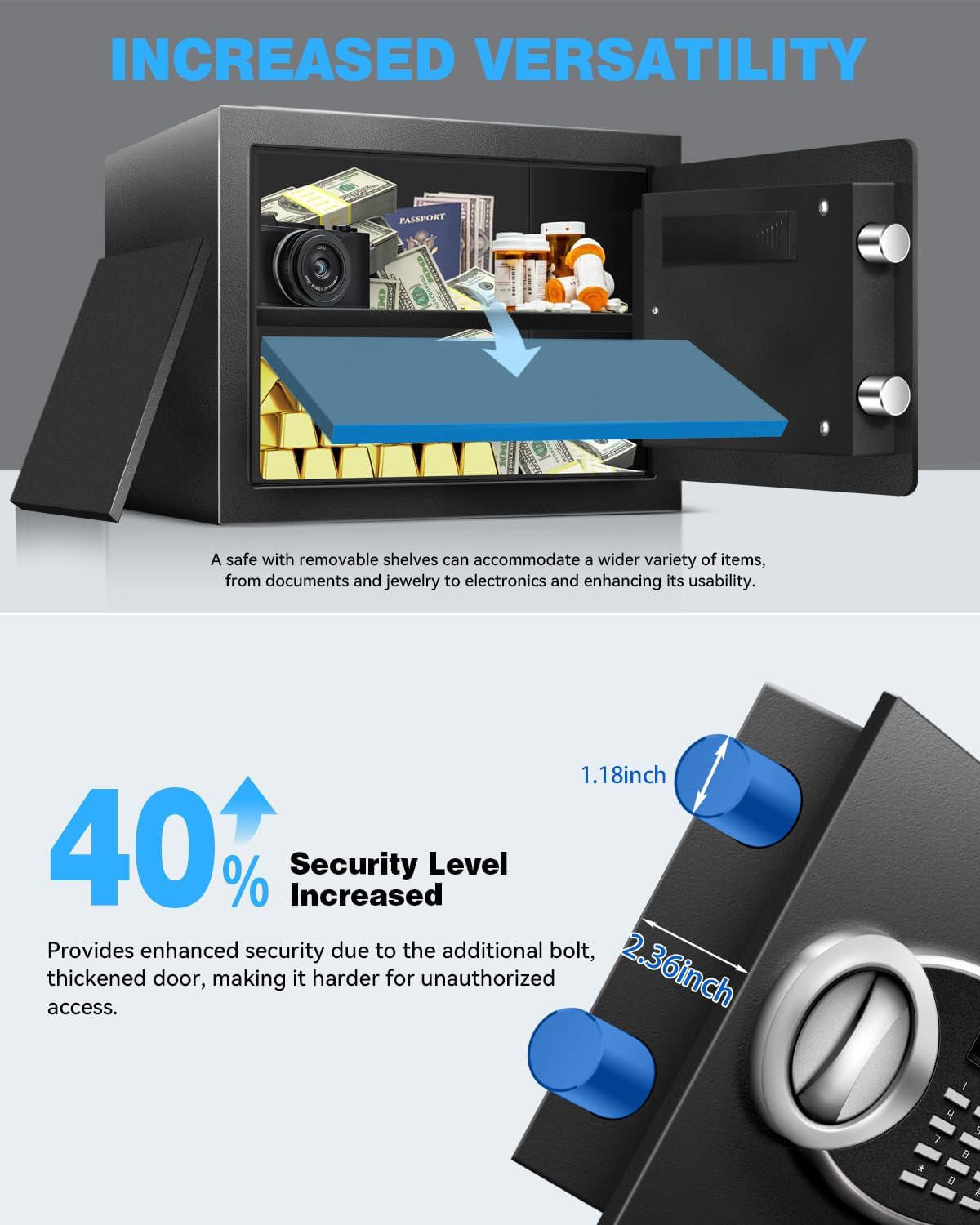 1.8 Cu Ft Safe Box with Fireproof Waterproof for Documents - Steel Security Personal Safe with Digital Electronic Keypad, Emergency Battery Box & Combination Lock, Safety Box for Valuables Money Cash