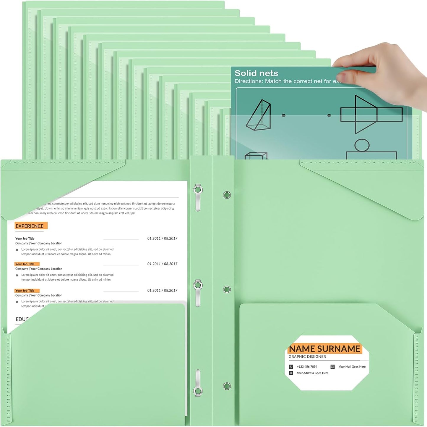 Henoyso 36 Pcs Plastic Folder with Clear Front Pocket and 3 Prong Plastic Folders with Card Slot Pocket Folders with Prongs for School Office (Light Green)