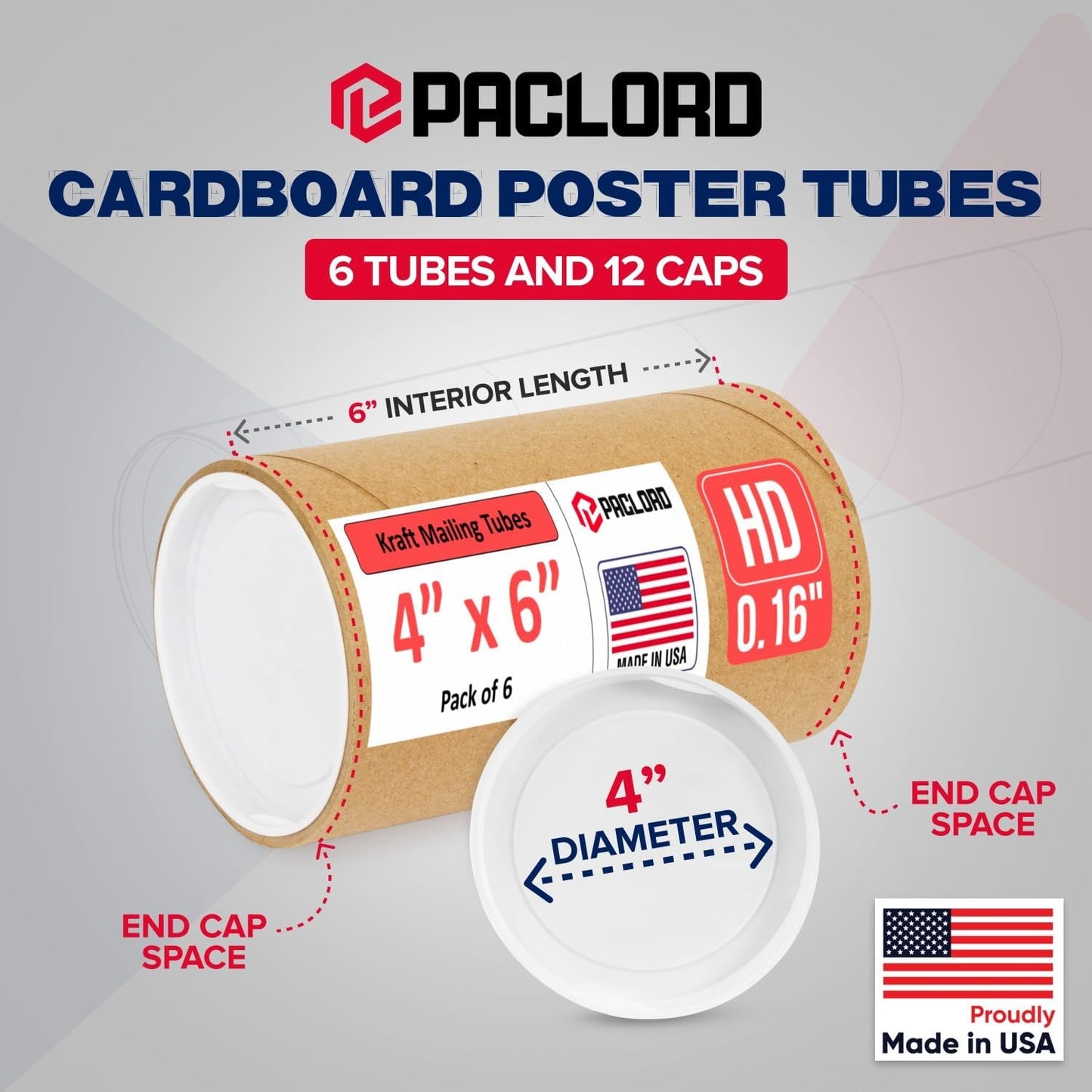4" x 6" Heavy-Duty Reinforced Cardboard Mailing Tube, Pack of 6 Tubes with 12 Caps – Secure USPS Approved – Great for Shipping and Storing of Prints, Artwork, Posters or Documents