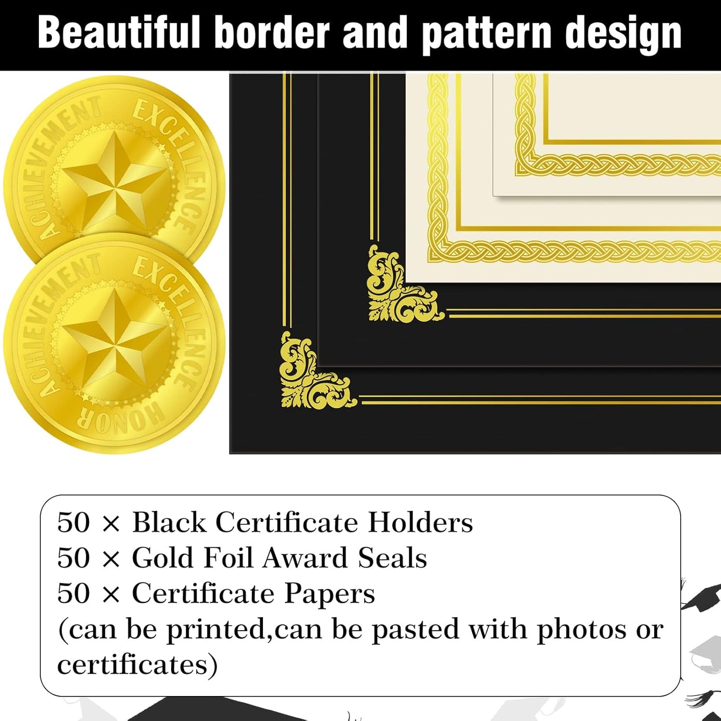 150 Pcs Certificate Kit Include 50 Certificate Holders 50 Paper and 50 Embossed Seal Stickers Diploma Covers for Graduation, Competition Supplies(Black)