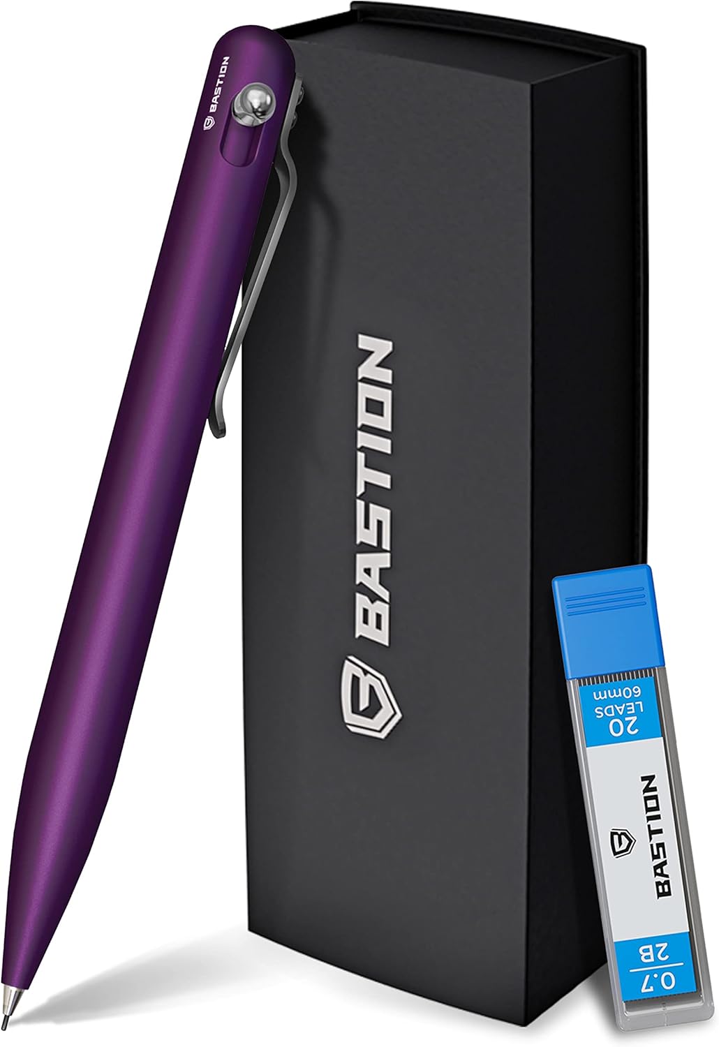 Bastion Mechanical Pencil with Medium Point Refillable Leads - Premium Aluminum Bolt Action Gift Case Metal For Architecture, Drawing, Sketching 20x0.7mm Lead Refills, Purple