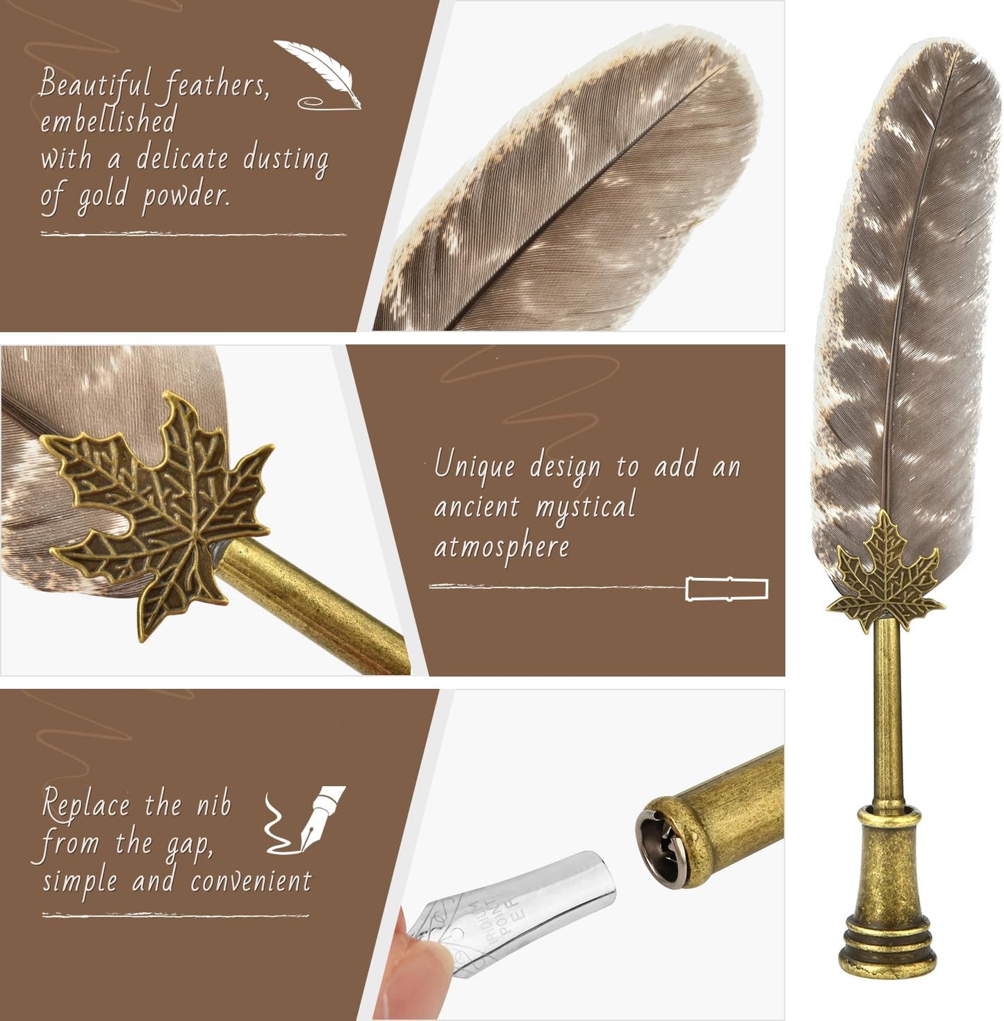 Hethrone Feather Pen and Ink Set - Calligraphy Quill Pen Set Includes Dip Pen, 5 Replacement Nibs and Pen Holder for Writing Lovers (Brown)