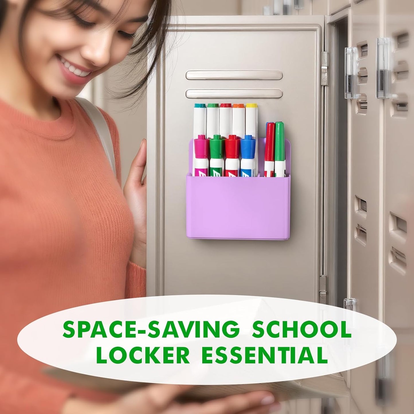 2 Pcs Magnetic Dry Erase Marker Holder for Whiteboard, Plastic Magnetic Pen Holder for Refrigerator Fridge, Magnet Pencil Cup for School Classroom, Locker Accessories,Pen Cup Organizer-Purple