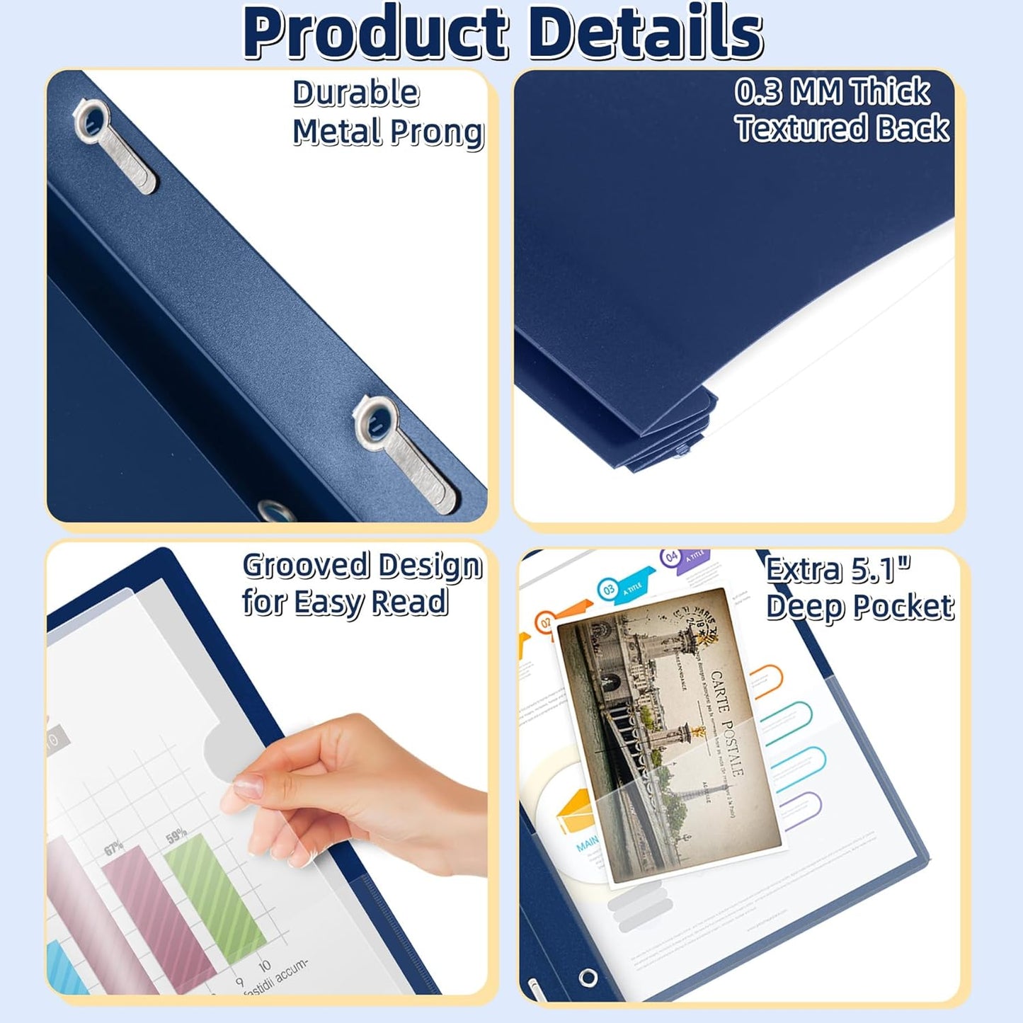 HAUTOCO 5 Pack Plastic Report Covers with 3 Prongs Fasteners Clear Front Resume Portfolio Folder for 8.5x11 Letter Size Paper, Presentation Document Report Cover for School Office Business, Navy Blue