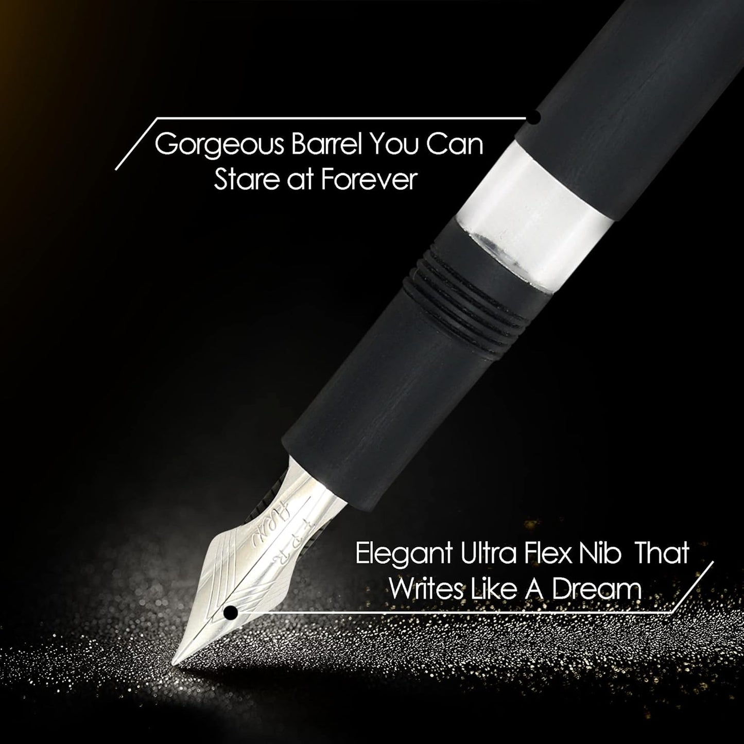 Jaipur V2 Piston Filled Refillable Fountain Pen - Black Ultra Flex Cursive Pen w/Stainless Steel Nib - Luxury Pens w/Acrylic Body & Ebonite Feed - Fountain Pens for Journaling & Calligraphy