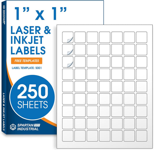 1" X 1" Square Printable Labels Compatible with Inkjet and Laser Printers - 250 Sheets, 15750 Matte White Paper Stickers for QR Codes, Barcodes, and Price Tags - Spartan Industrial
