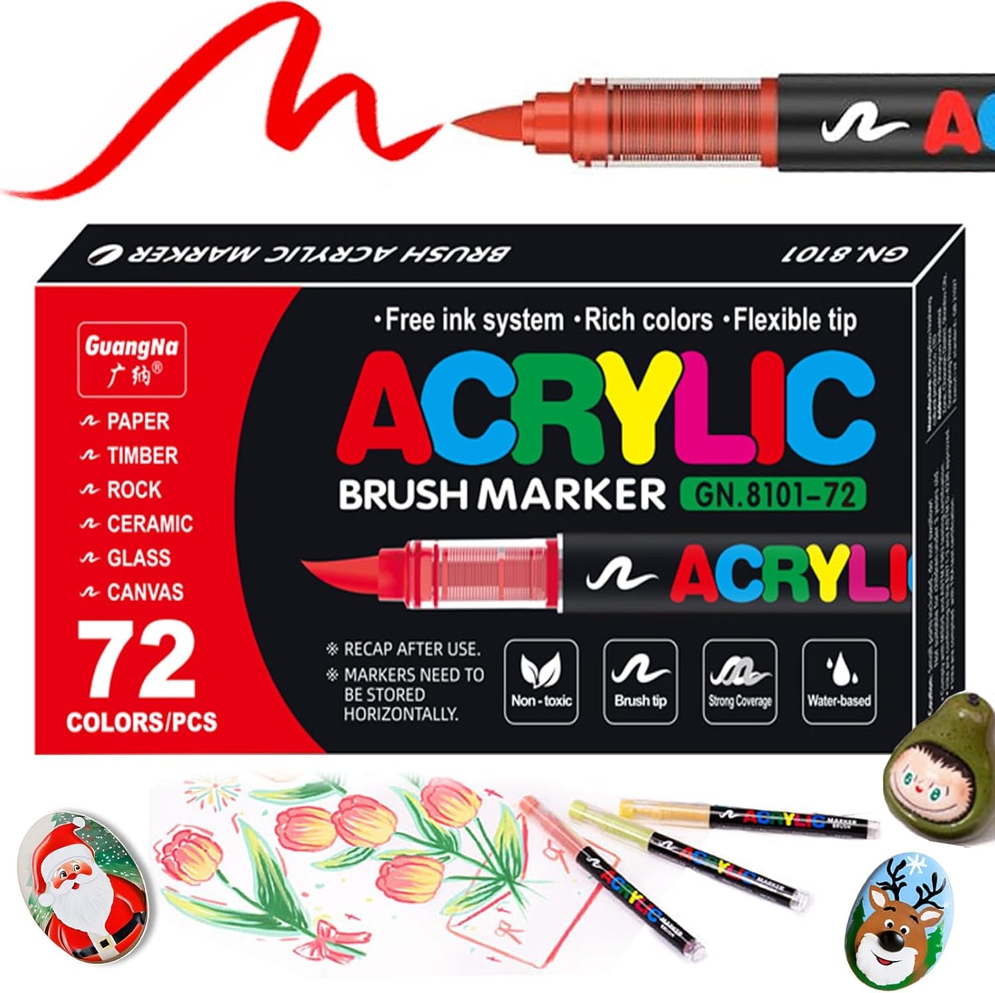 72 Color Paint Pens, Soft Brush Tip Acrylic Markers, Quick-Drying Waterproof for Canvas, Rock, Wood, Stone, Glass, Ceramic, Fabric Painting, DIY Crafts