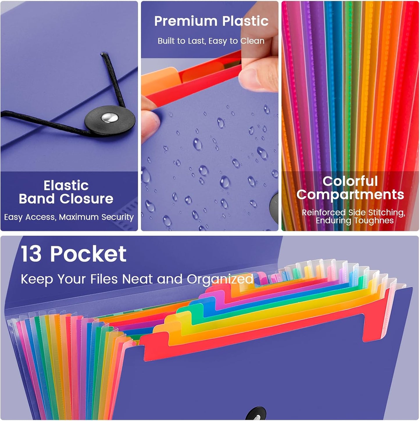 13 Pocket Accordion File Organizer with Elastic Closure, Expanding File Folder for Letter Size A4 Papers, Ideal for Home, Office Supplies, College Essentials - BluePurple