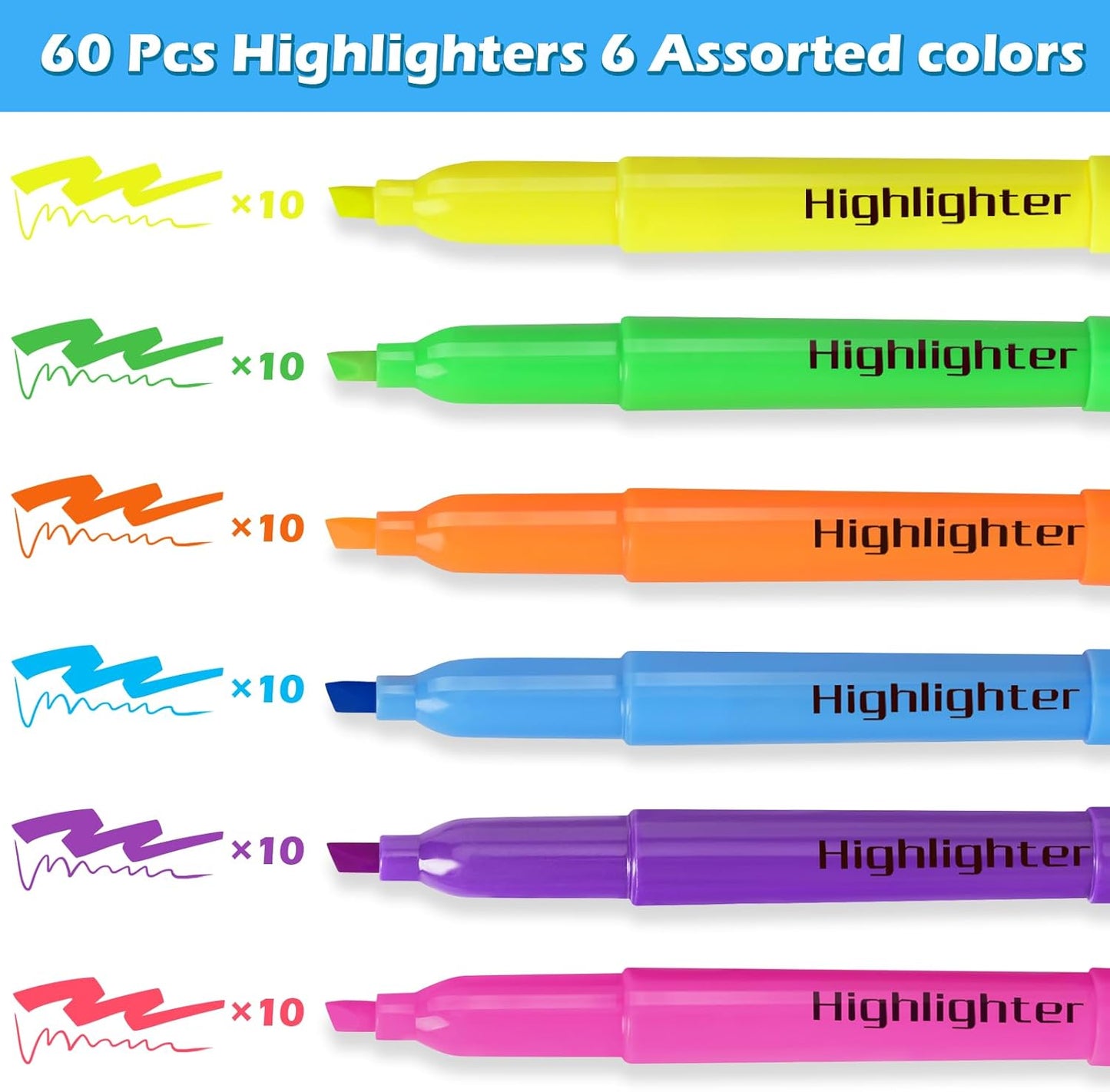 Highlighters Bulk, Chisel Tip Dry-Quickly Highlighter Markers, 60 Count-6 Assorted Colors Highlighters Bulk Pack for Adult Kids, Teachers Supplies for School, Classroom Must Have(Multicolour, 60)