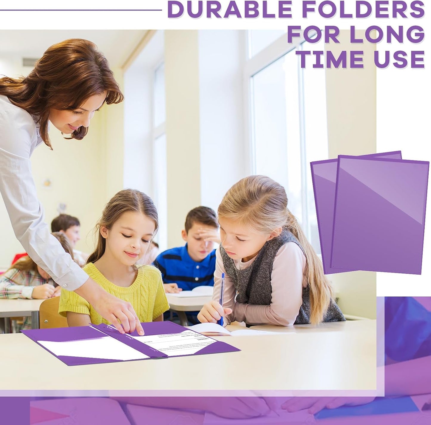 Henoyso 100 Pcs Plastic Folder with Clear Front Pocket and 3 Prong Plastic Folders with Card Slot Pocket Folders with Prongs for School Office (Purple)