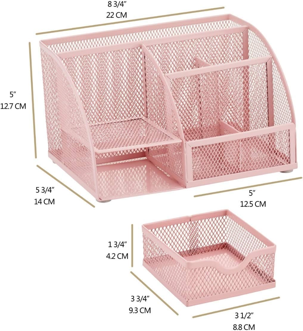 Annova Mesh Desk Organizer Office with 7 Compartments + Drawer/Desk Tidy Candy/Pen Holder/Multifunctional Organizer (Light Pink)