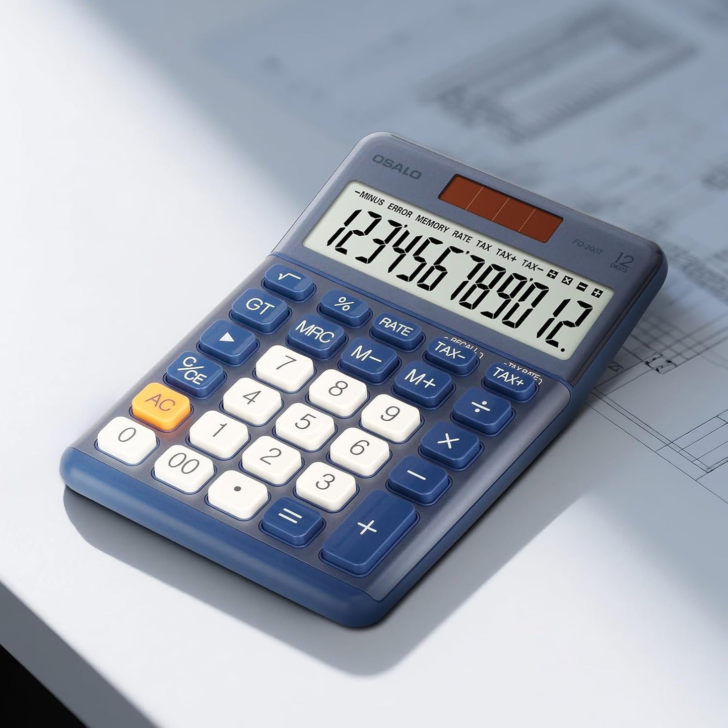 Pendancy Office Small Calculator Desktop with Tax+/- for Tax Calculation, 12 Digit Large LCD Display, Solar Battery Power, Durable Portable Design, Financial Accounting Business Home Use(OS-200T-Blue)