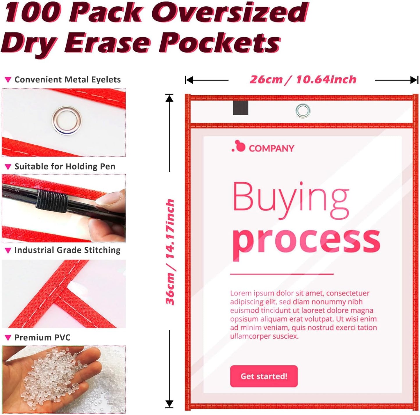 100 Packs Dry-Erase Pockets Bulk Job Ticket Holders Oversized Reusable Dry Erase Pocket Sleeves with 6 Ring, 10x14 Red Ticket Holders, Clear Plastic Sheet Protectors, Teacher School Classroom Supplies
