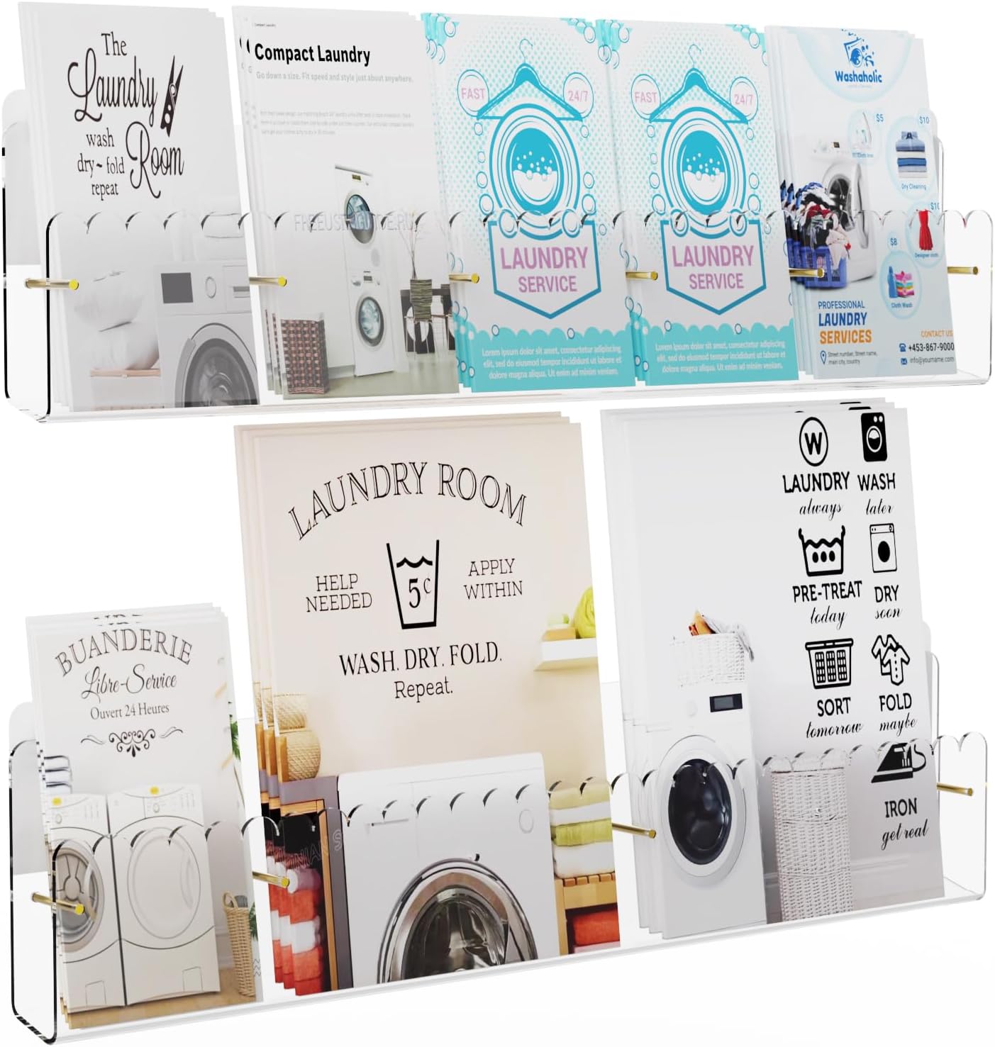 Brochure Holder Wall Mount, 2 Pack Acrylic Modular Flyer with Adjustable Magnetic Golden Bolt, Wavy Lace Pamphlet Display Stand for Organizer Trifold Flyer, Document, Leaflet, 5 Slots