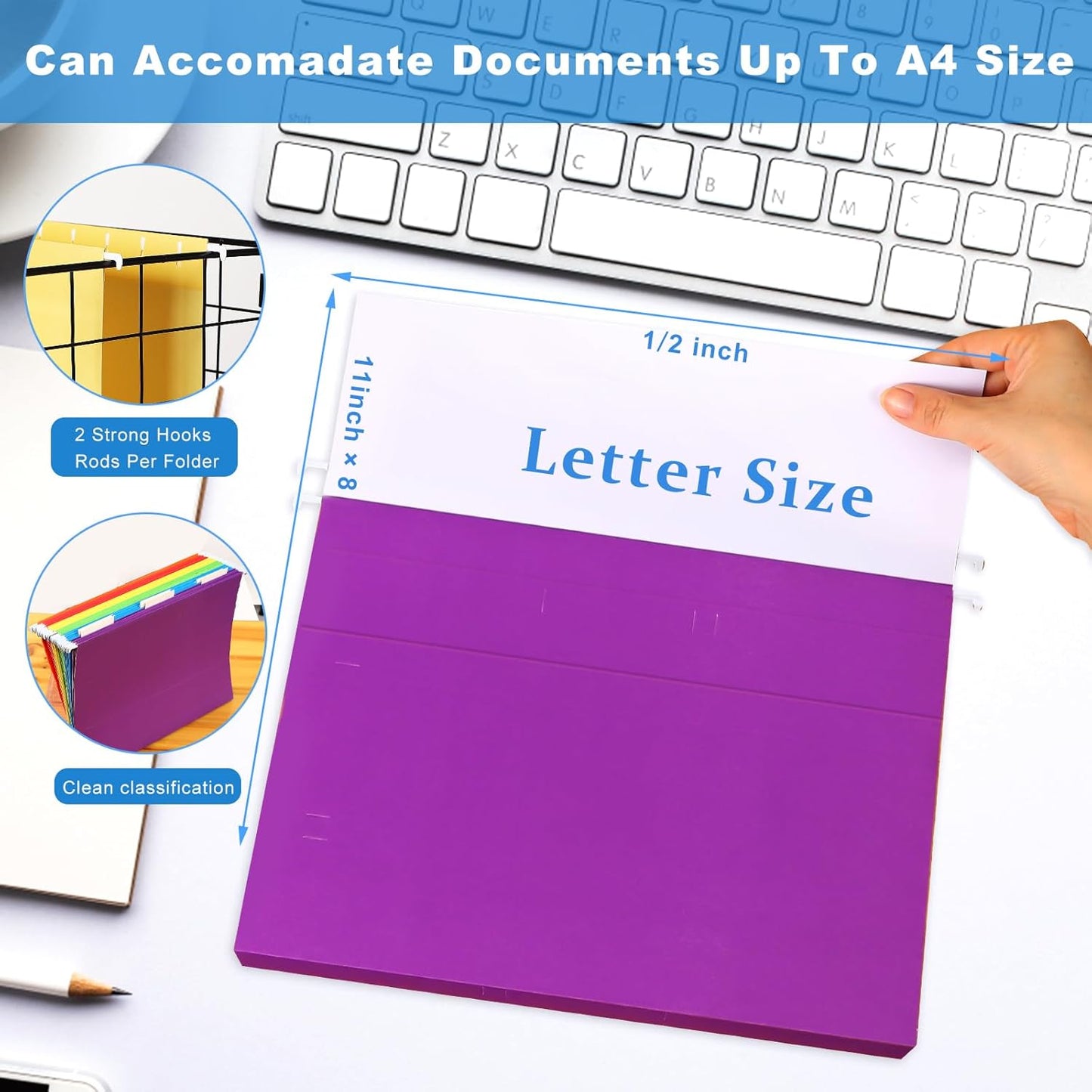 60 Pack Hanging File Folders Letter Size, Colored Hanging Folders with 1/5-Cut Adjustable Tab, Extra Capacity Hanging File Folders, 1 Inch Expansion, Perfect Office, Home, Classroom Supplies