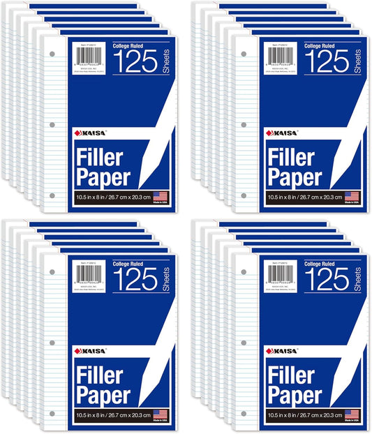 Kaisa Notebook Paper 24 Pack 8x10.5 College Ruled Loose Leaf Paper Filler Paper for 3-Ring Binder Paper 125 Sheets/Pack Notebook Paper 3-Hole Punched Lined Paper(24Pack-college)