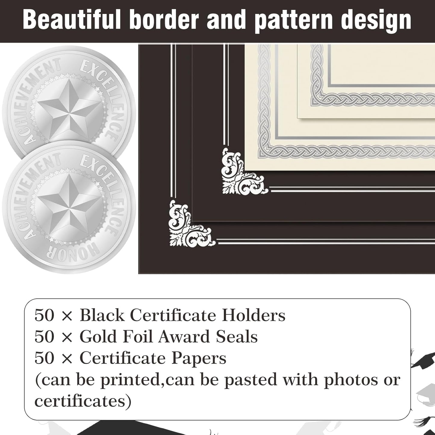150 Pcs Certificate Kit Include 50 Certificate Holders 50 Paper and 50 Embossed Seal Stickers Diploma Covers for Graduation, Competition Supplies(Silver Black)