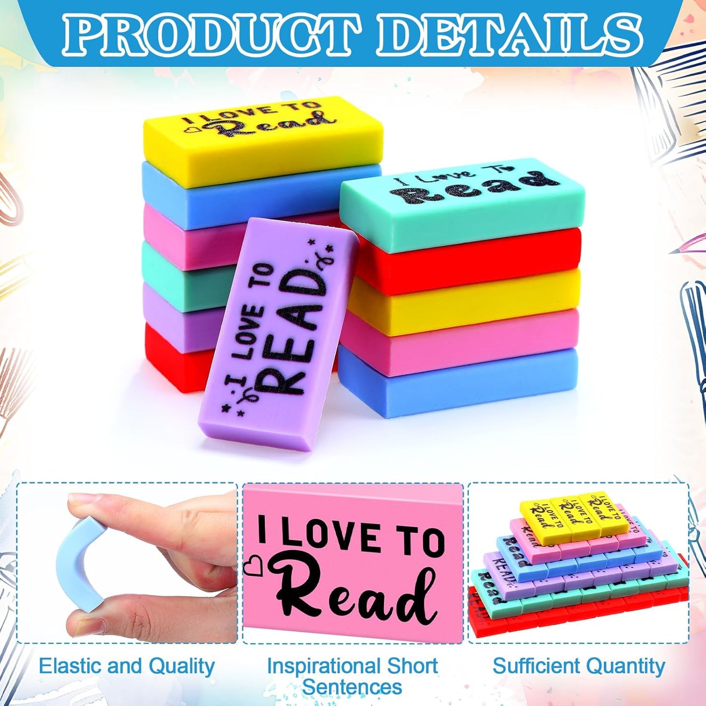 100 Pcs Inspirational Erasers for Kids Back to School Gifts I Love to Read Small Colorful Pencil Erasers for Students Classroom Cute Motivational Gift for Drawing School Office Supplies