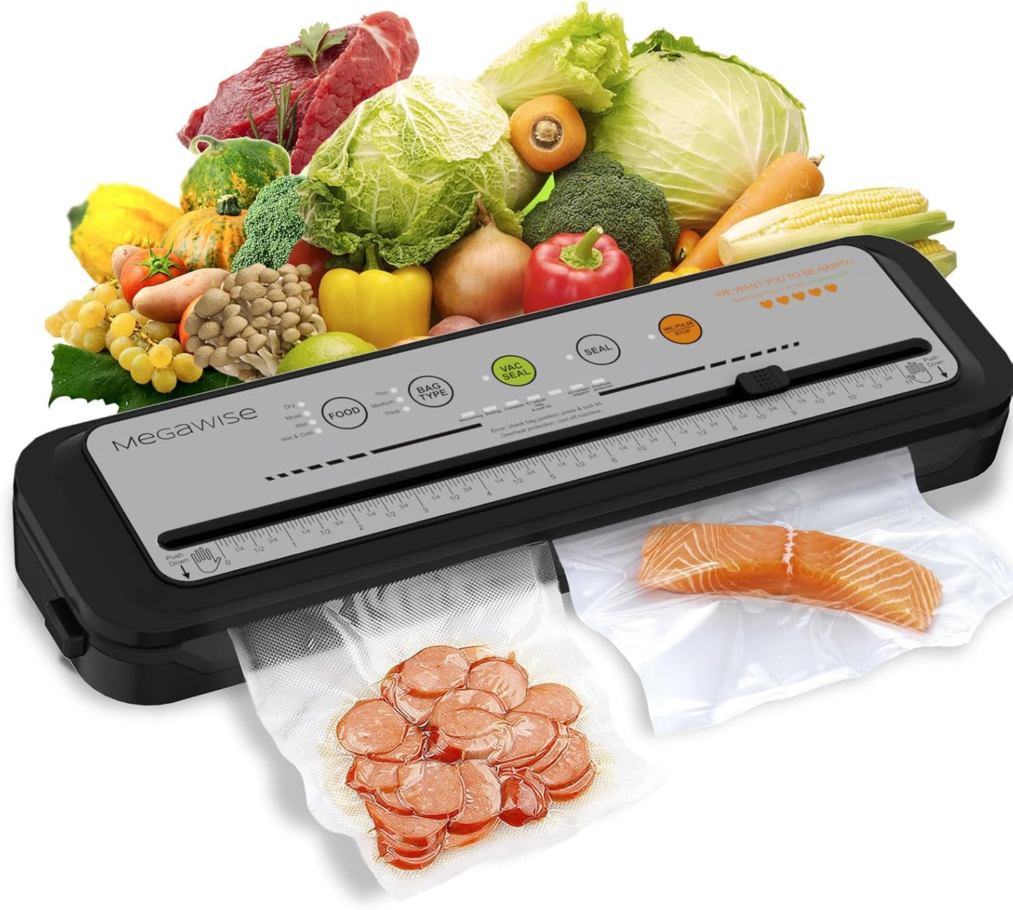 2023 Updated Vacuum Sealer Machine, MEGAWISE Food Sealer w/Starter Kit, Dry & Moist Food Modes, Compact Design with 10 Vacuum Bags & Bulit-in Cutter(Grey) & Vacuum Sealer Bags (8''x 21.6')
