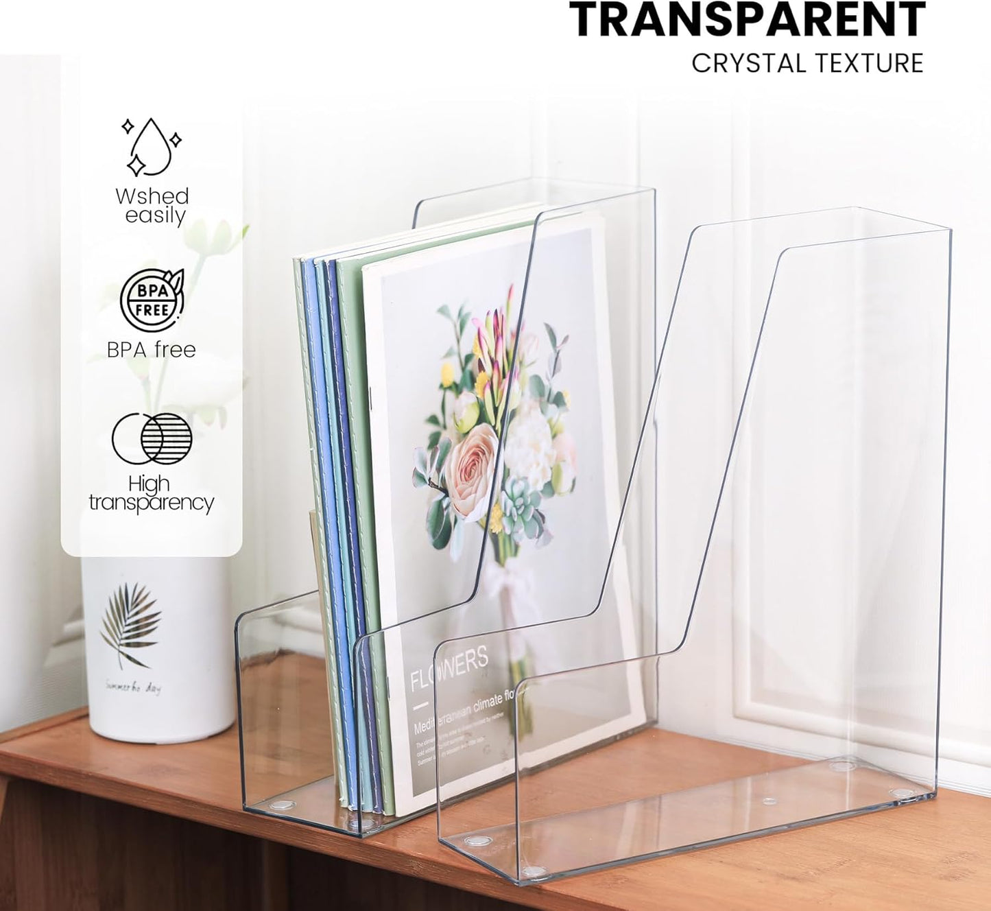 Vertical Magazine File Holder, Clear File Organizer Desk Organizer and Storage Bins Holding for Magazines, Binders, Notebooks, Envelopes, Plastic Office Organization and Storage for Desk, 4 pack