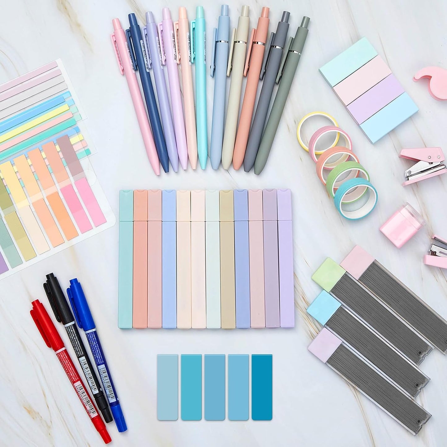 60 Pcs Aesthetic Book Annotation Kit School Supplies Cute Pencil Case with Highlighter Gel Pen Mechanical Pencil Magnetic Bookmarks Transparent Sticky Note Tabs Student Stationary(Light Blue)