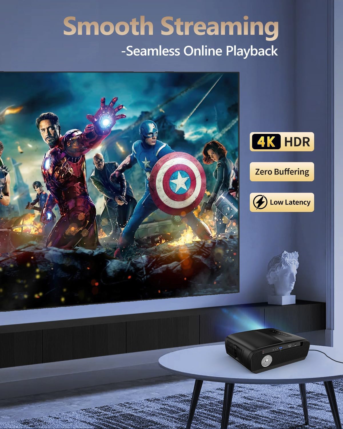 1700ANSI Daytime Projector 4K HDR Home Theater, Smart Daylight Movie Gaming TV Projectors with WiFi 6, Bluetooth, NETFLIX, Apps, ToF Auto Focus, Shorter Throw, HDMI ARC,for Bedroom Indoor Bright Room