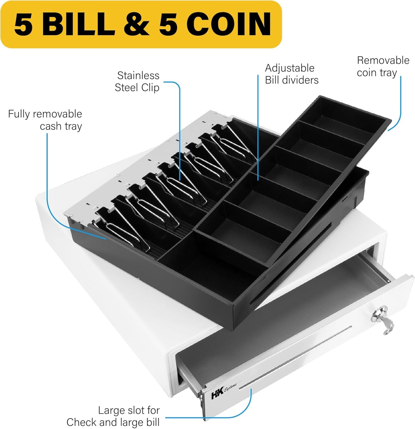 HK SYSTEMS 16inch "Stainless Steel" Front White Heavy Duty POS Interface Cash Drawer with 5Bill/5Coin