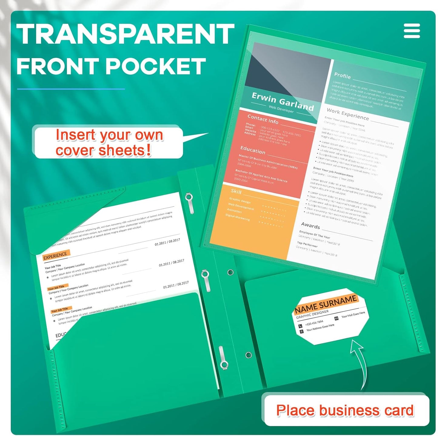 Henoyso 72 Pcs Plastic Folder with Clear Front Pocket and 3 Prong Plastic Folders with Card Slot Pocket Folders with Prongs for School Office (Green)