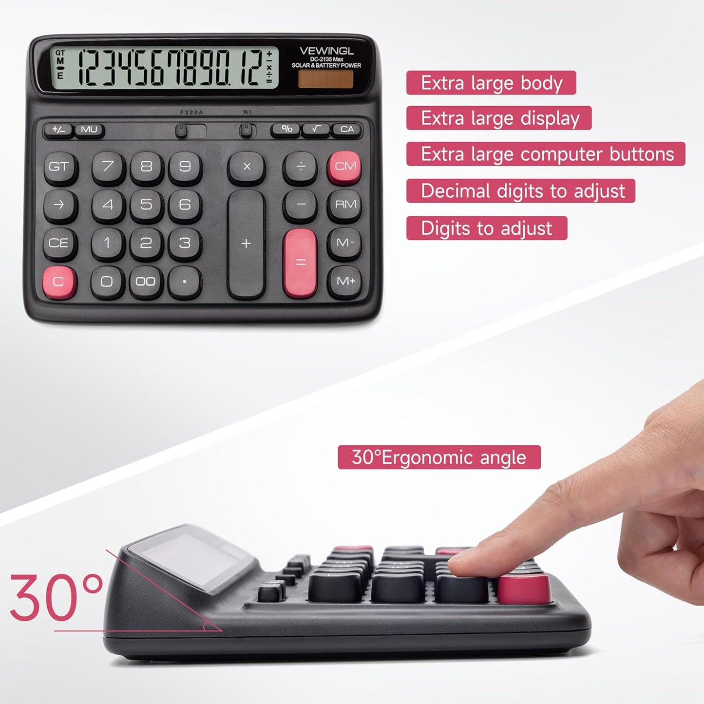 VEWINGL Desktop Calculator, 12-Digit Large LCD Display, Big Computer-Style Keys, Dual Power (Solar & Battery), Auto Sleep Mode, for Office, School, Home & Business 7.5″ x 6.1″ (Black, L)