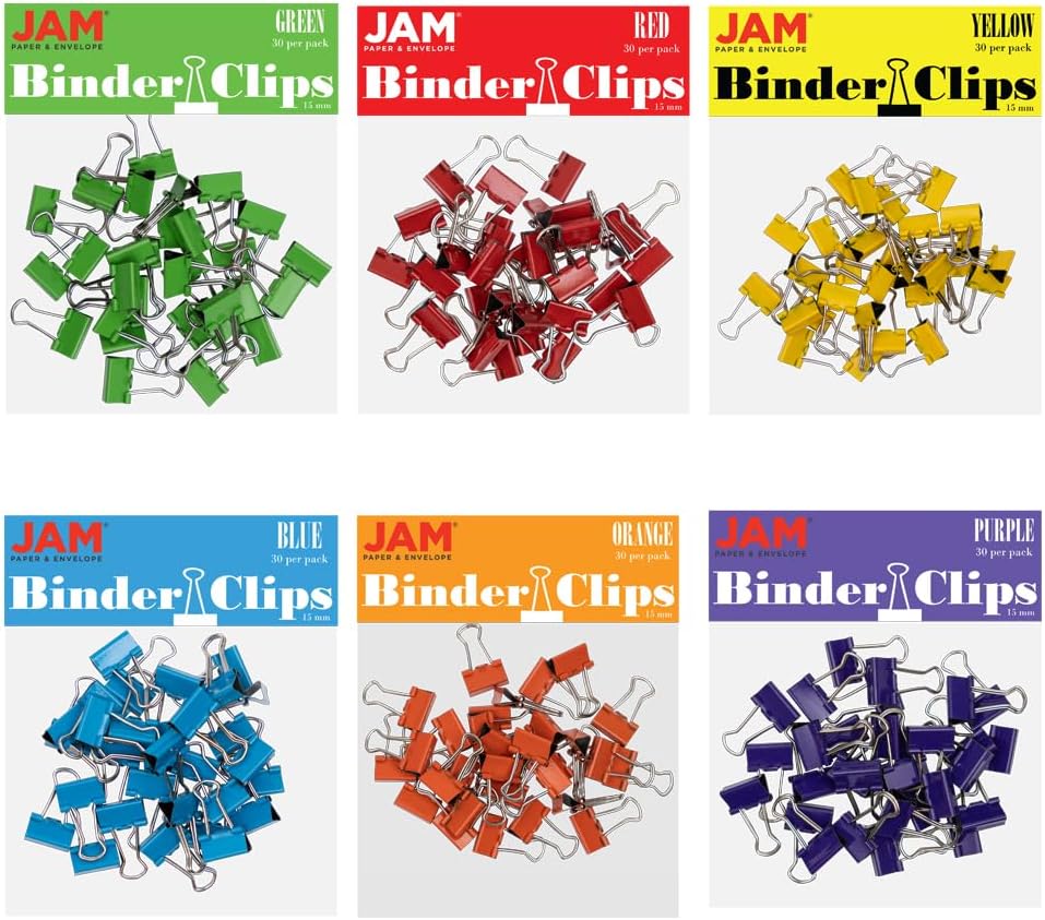 JAM PAPER Colorful Binder Clips - Small - 3/5 Inch (15 mm) - Assorted Binderclips - 6 Packs of 30