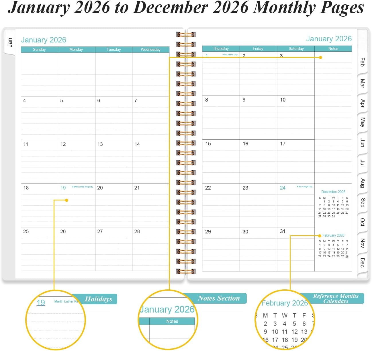 2026 Daily & Monthly Planner - One Page Per Day, Daily Planner 2026 from January 2026 to December 2026, Planner 2026 with 12 Monthly Tabs, 6.4" x 8.5", Flower-B