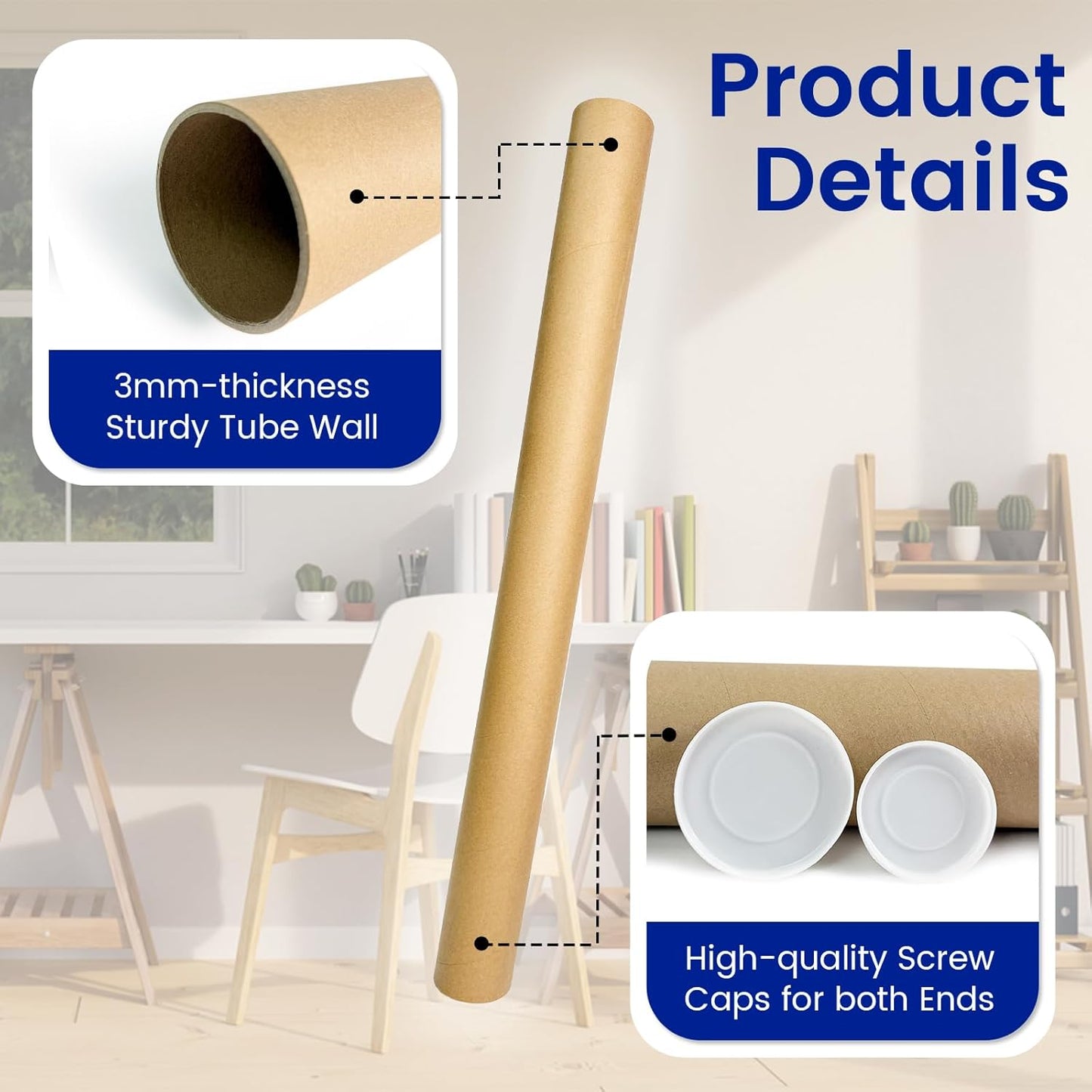 4-Pack Mailing Tubes with Caps, Paper Cardboard Storage Tubes for Shipping, Prints, Documents, Crafts & Golf Clubs (4in*47in, 3in*47in)