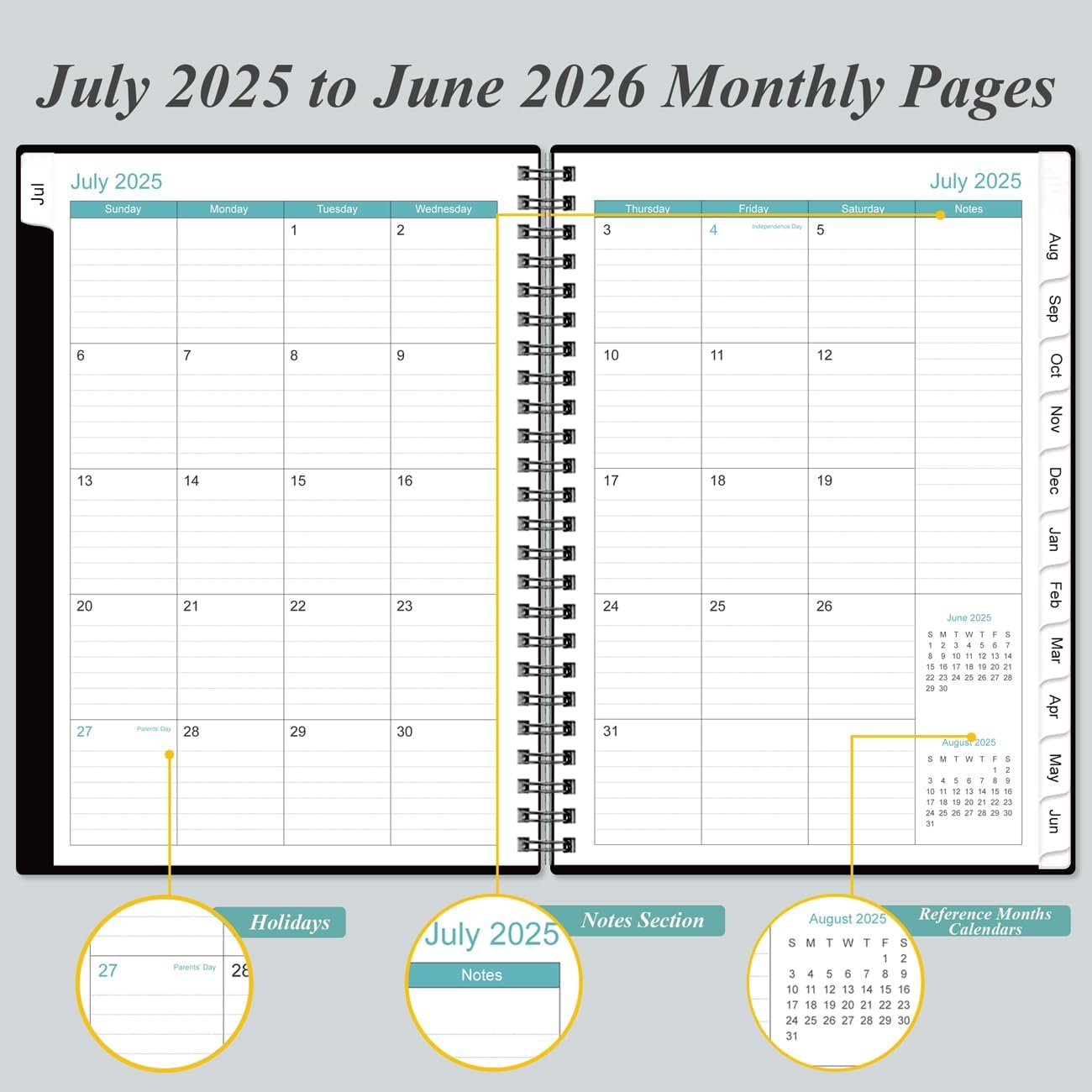 2025-2026 Daily & Monthly Planner - One Page Per Day, Daily Planner from July 2025 to June 2026, Planner 2025-2026 with 12 Monthly Tabs, 6.4" x 8.5", Black
