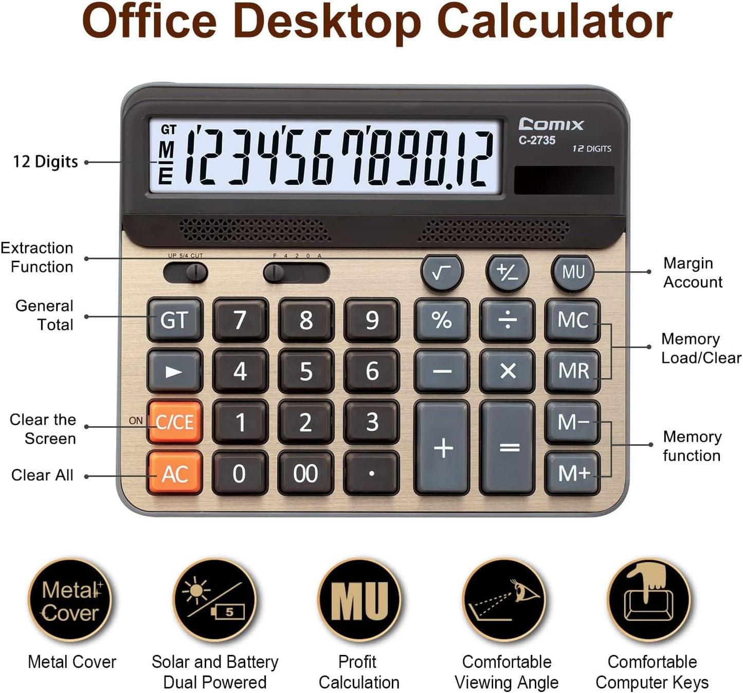 Comix Desktop Calculator, Large Computer Keys, 12 Digits Display, Champaign Gold Color Panel, C-2735, 2-Pack
