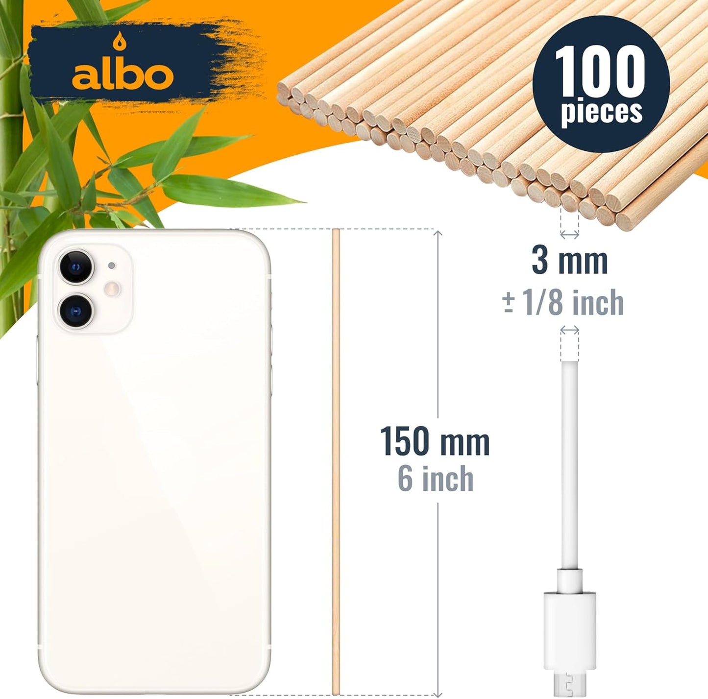 ALBO Wooden Dowel Rods 100 PCS 1/8" x 6" Inch Round Wood Sticks for Crafts, DIY Projects and Macrame Hardwood Assorted Bouquet Sticks Cake Dowels for Tiered Cakes