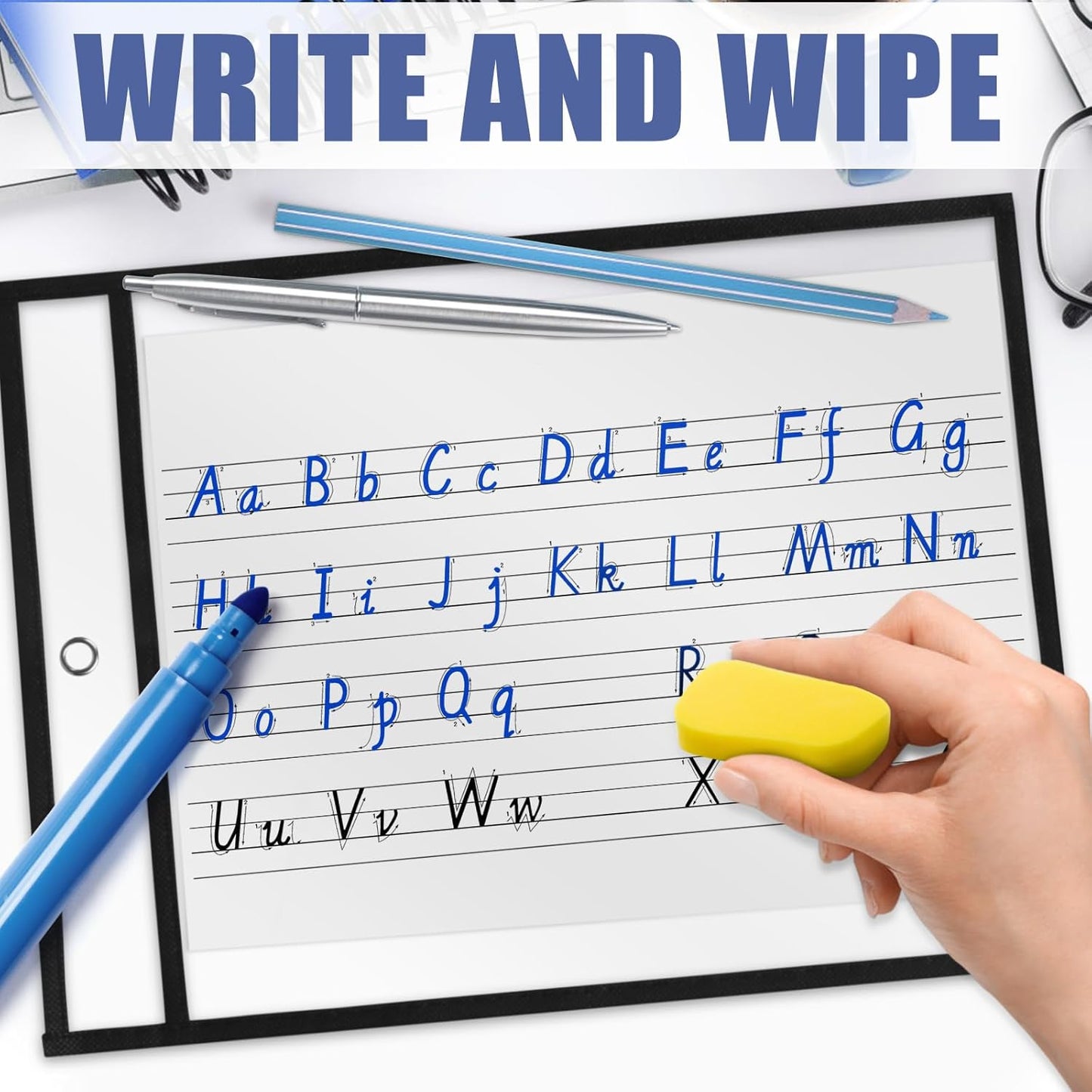Heavy Duty Dry Erase Pockets 9x12, Job Ticket Holders 50 Pack Plastic Paper Sleeves Sheet Protectors 8.5 x 11 Clear Document Sleeves for Shop Office Classroom Home, Black
