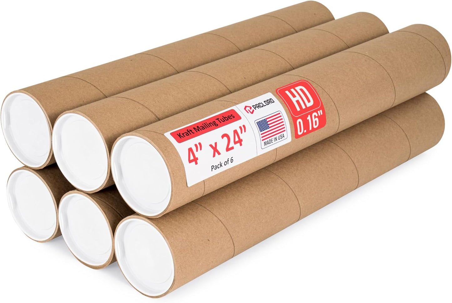 4" x 24" Heavy-Duty Reinforced Cardboard Mailing Tube, Pack of 6 Tubes with 12 Caps – Secure USPS Approved – Great for Shipping and Storing of Prints, Artwork, Posters or Documents