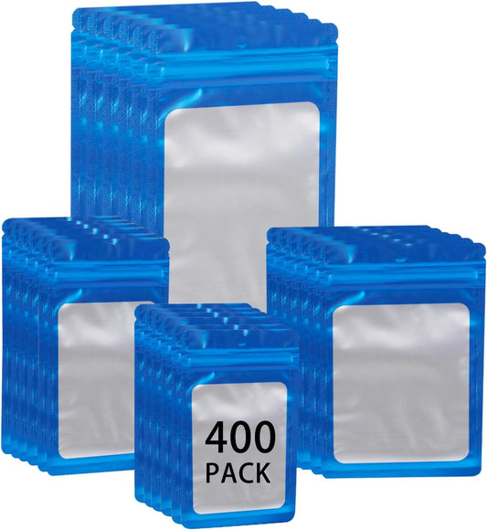 400 Pack 4 Sizes Resealable Mylar Holographic Bags Food Storage Smell Proof Bags with Front Window, Zipper Foil Packaging Pouch for Sample Jewelry Small Business (Blue,3x4.7,3.1x5.5,4x 6,4.7x 7.9in)