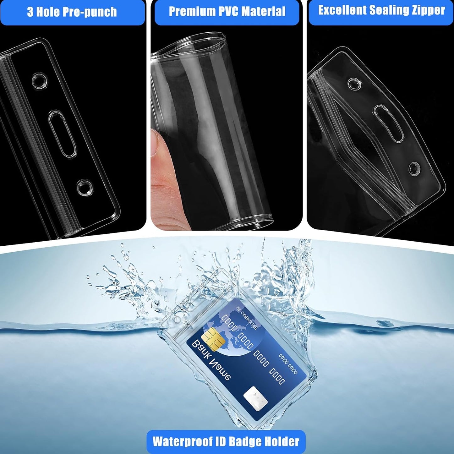 50pcs Clear Badge Holder with Lanyard Waterproof Type Clear ID Badge Holder with Lanyards for Name Tags ID Card (Blue, Vertical)