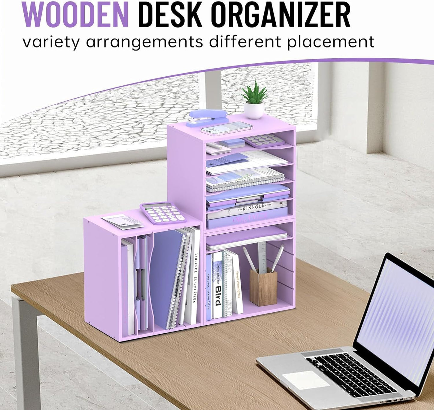 5-Tier Wood Desk Organizer, Paper Tray Organizer for Desk with Adjustable Storage Shelves, Desktop Paper Sorter Mail Holder for Office Home Classroom, Purple