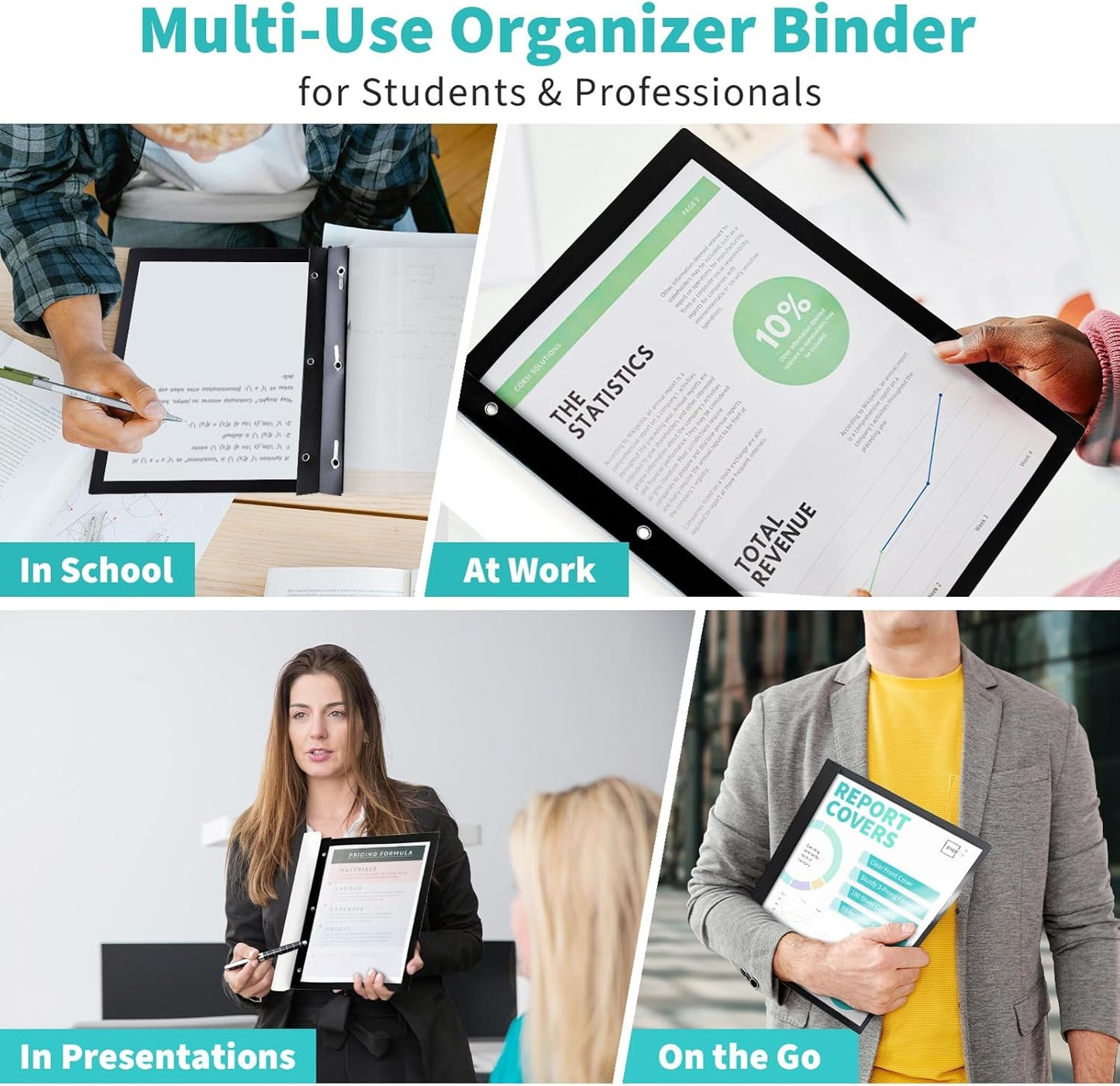 Binditek 10 Pack Heavy-Duty Clear Front Report Covers with 3 Prongs, 100-Sheet Capacity, Plastic Report Folder with Black Back Covers, 3 Metal Prongs Fasteners, for Letter Size, Office Supplies