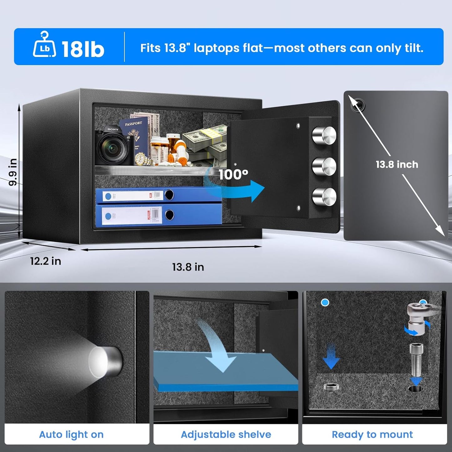 1.5 Cu Ft Home Document Safe Box–Steel Electronic Digital Lock Box with External Battery Compartment & Backup Key, Letter-Size Fit, LED Light, Fusion-Bonded Needle-Felt Lining & Fireproof Bag