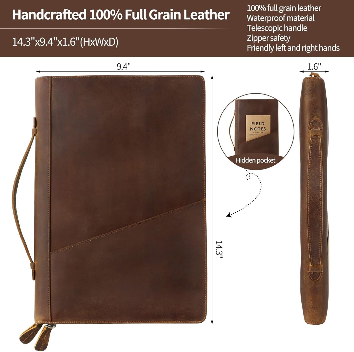 Ringsun Genuine Leather Portfolio Organizer for Men Women with Handle, Full Grain Leather Padfolio Folder with Zipper Business Resume Portfolio for 12.9" iPad, Brown, RS118