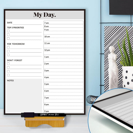 JJPRO Reusable Desktop Daily Planner with Stand,Hourly Dry Erase Board,11"x8.5" Hourly Schedule Board,Dry Erase Time Schedule with Time Slots,Reusable Desk Hourly Dry Erase Board with Detachable Engineered Wood Stand for Office, Home