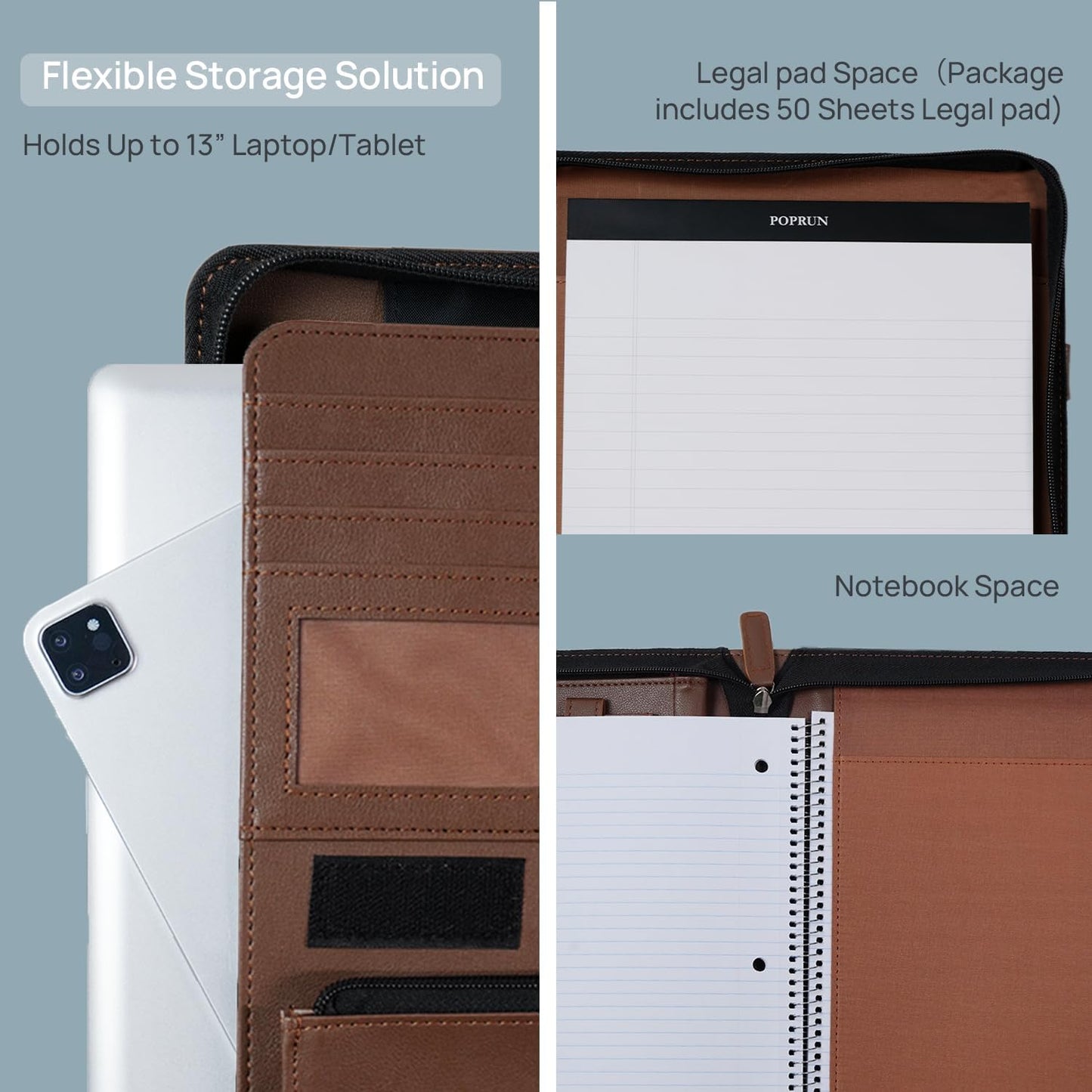 POPRUN Portfolio Binder with Zipper, Leather Padfolio Document Organizer with Storage, Professional Business Briefcase Ideal for Meeting Presentation Work-Includes 50 Sheet Writing Pad, Brown