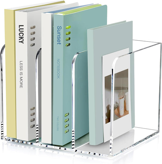 Acrylic Magazine Holder Desk Organizer Workspace Sorters，Clear Bookend File Sorter Holder，Folder Rack, Office Accessories Organization Storage with 3 Vertical Compartments